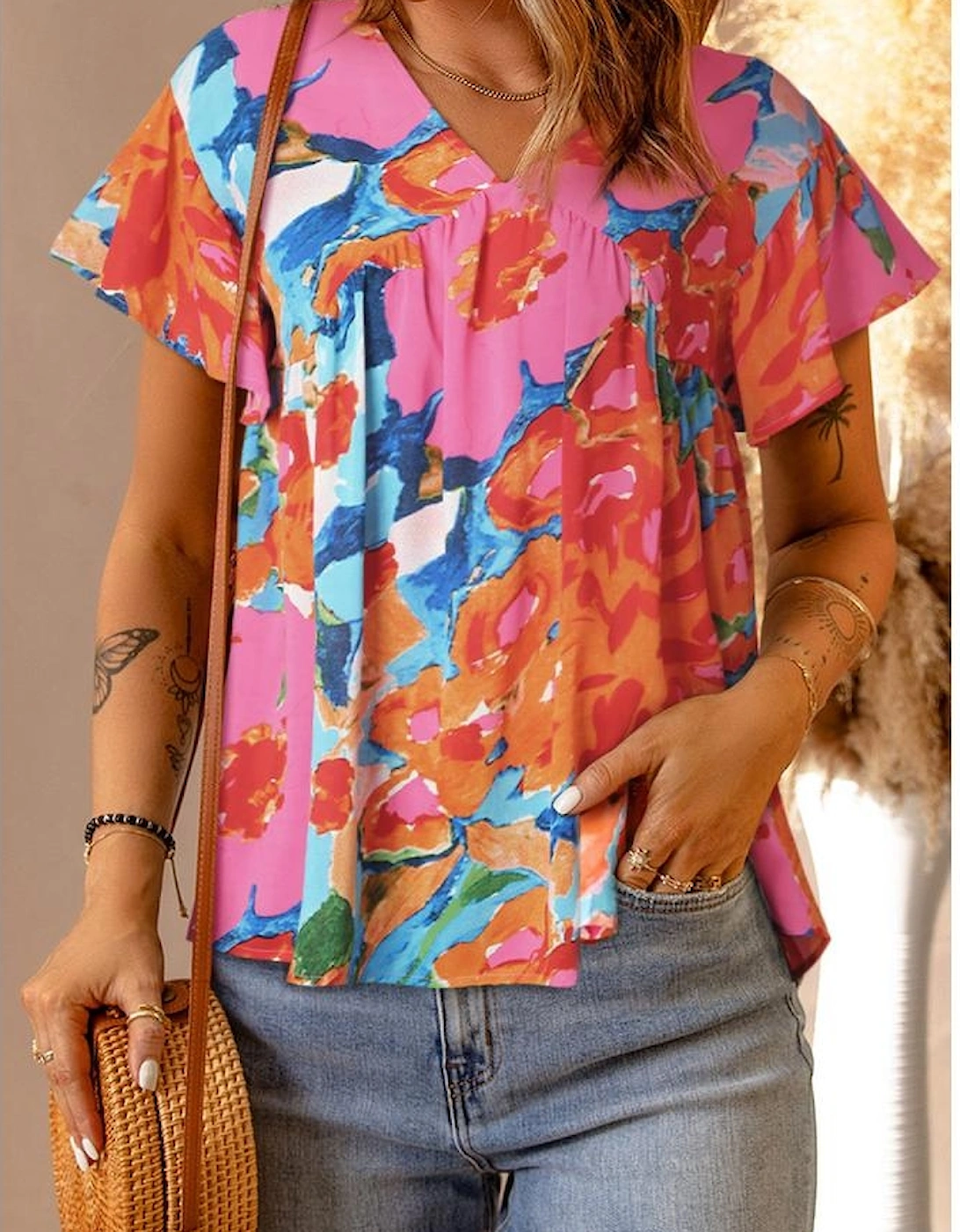 Pink Abstract Print V Neck Flutter Sleeve Blouse
