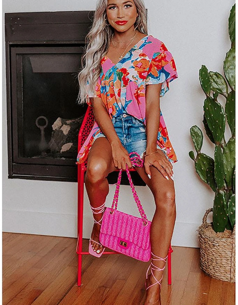 Pink Abstract Print V Neck Flutter Sleeve Blouse