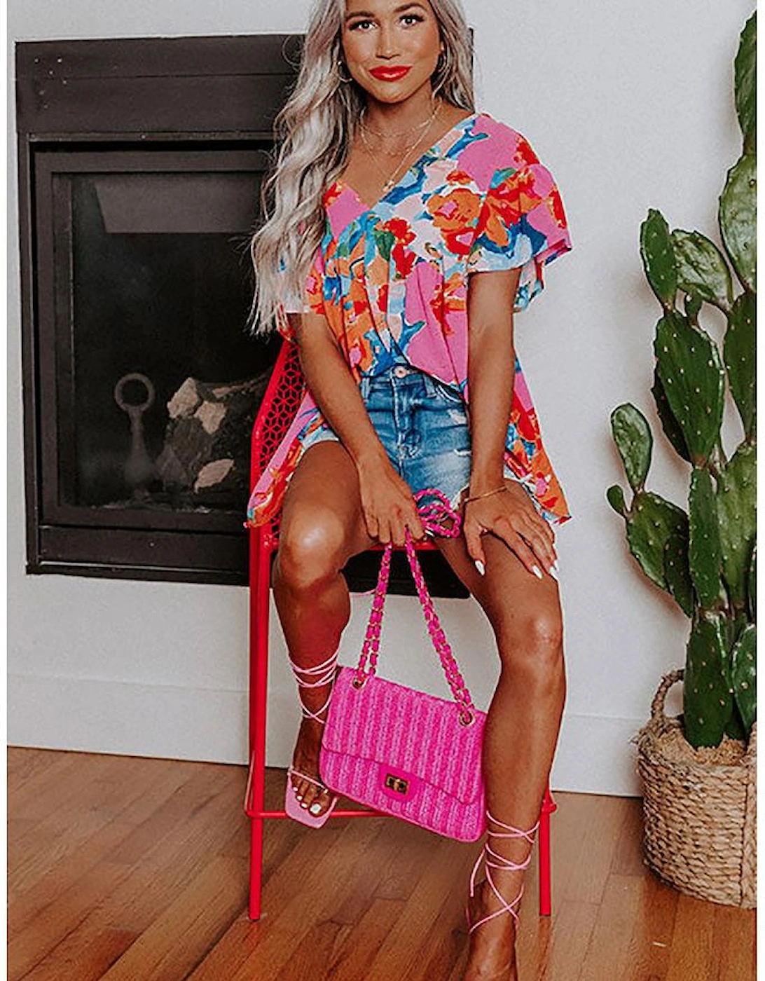 Pink Abstract Print V Neck Flutter Sleeve Blouse