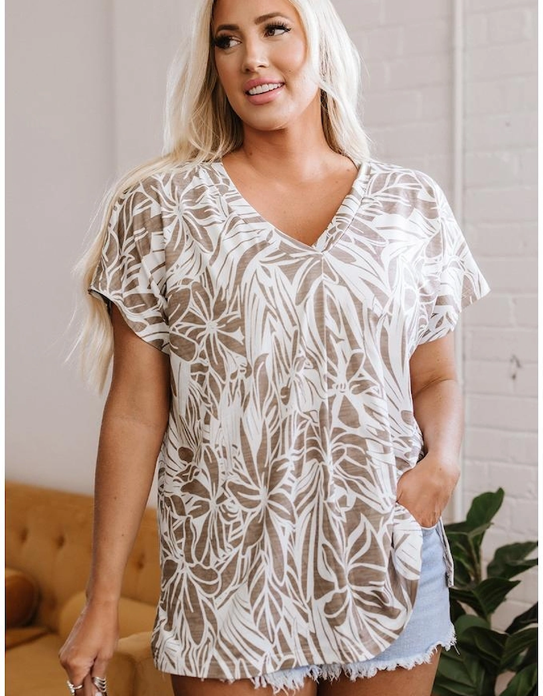 Khaki Floral Print V Neck Short Sleeve Loose Fit Blouse