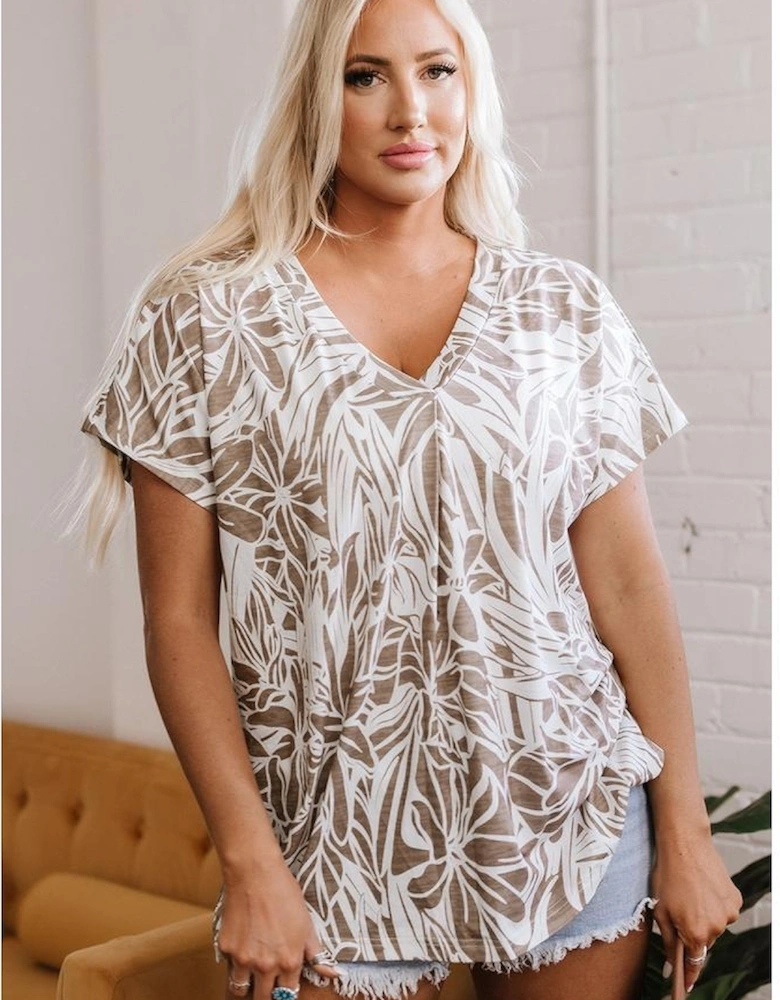Khaki Floral Print V Neck Short Sleeve Loose Fit Blouse