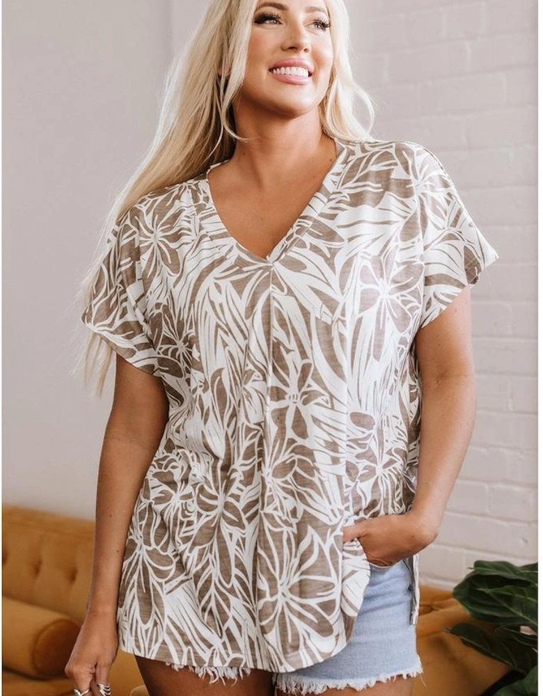 Khaki Floral Print V Neck Short Sleeve Loose Fit Blouse