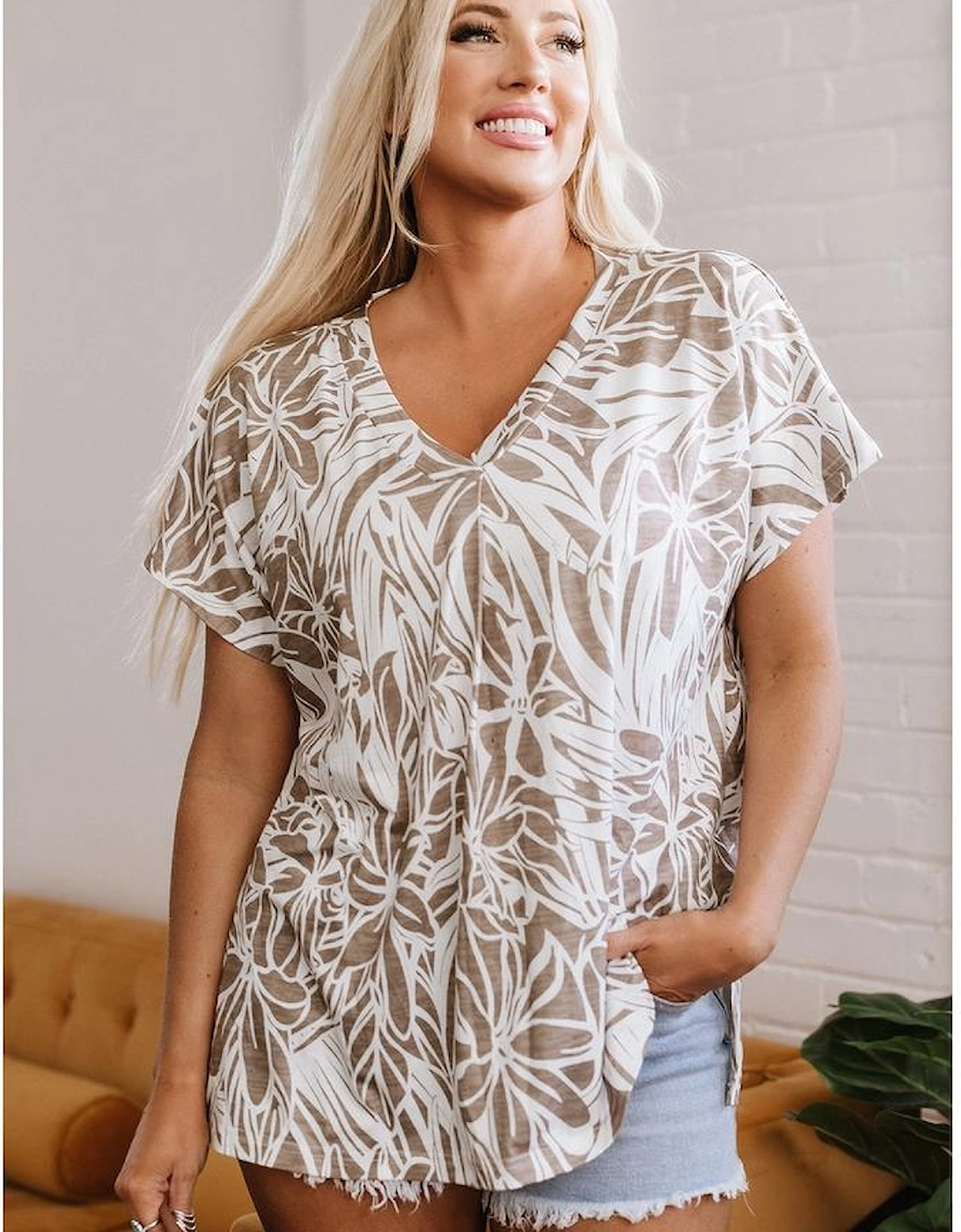 Khaki Floral Print V Neck Short Sleeve Loose Fit Blouse