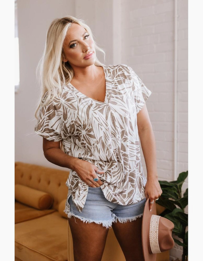 Khaki Floral Print V Neck Short Sleeve Loose Fit Blouse