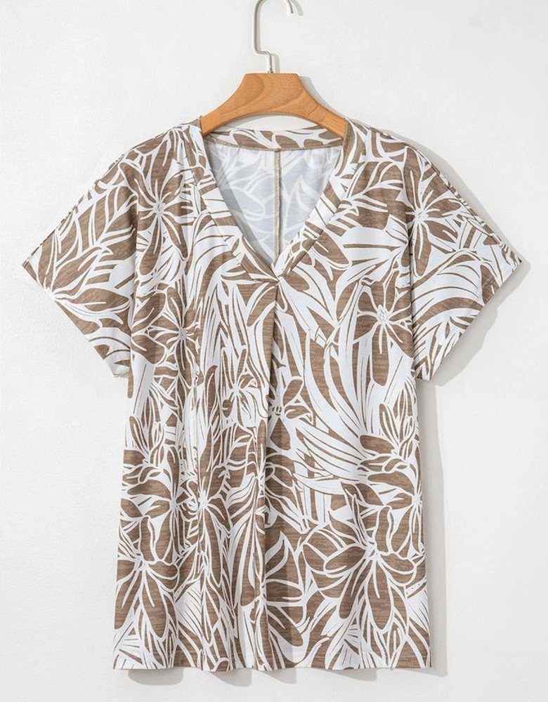 Khaki Floral Print V Neck Short Sleeve Loose Fit Blouse