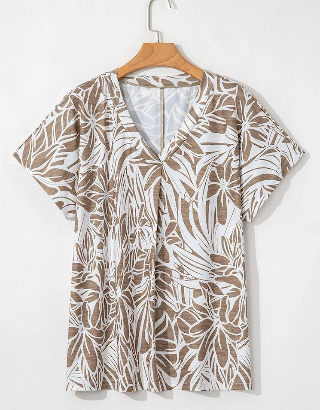 Khaki Floral Print V Neck Short Sleeve Loose Fit Blouse