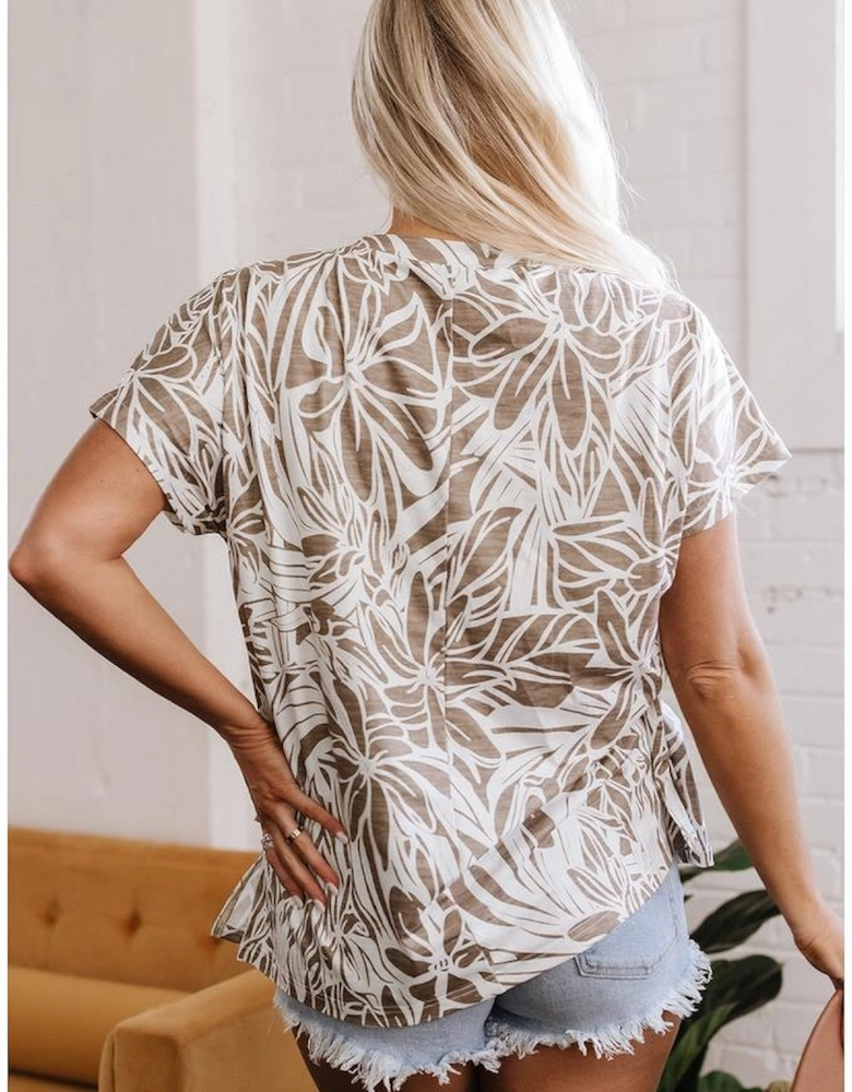 Khaki Floral Print V Neck Short Sleeve Loose Fit Blouse
