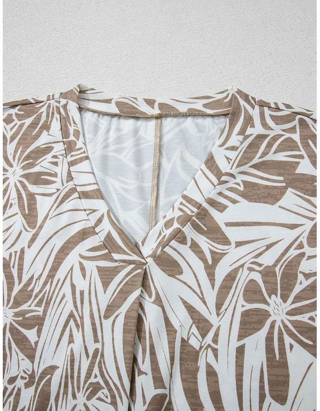 Khaki Floral Print V Neck Short Sleeve Loose Fit Blouse
