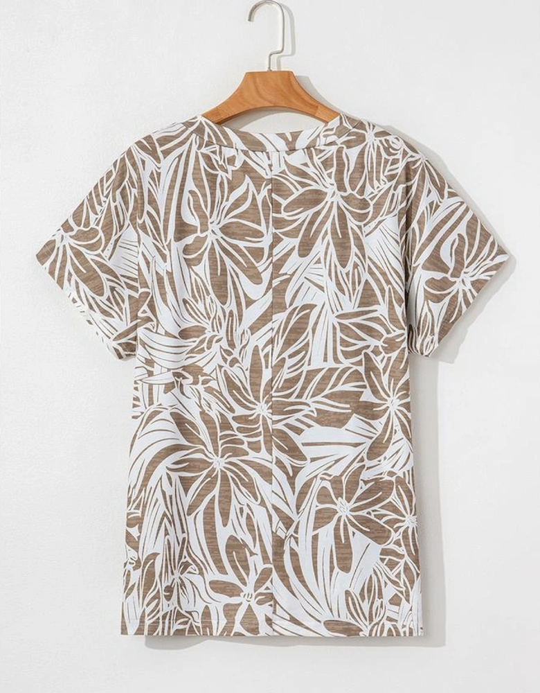 Khaki Floral Print V Neck Short Sleeve Loose Fit Blouse