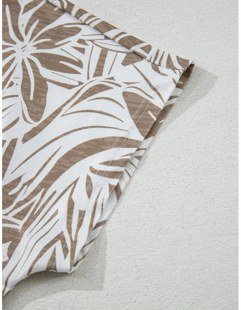 Khaki Floral Print V Neck Short Sleeve Loose Fit Blouse
