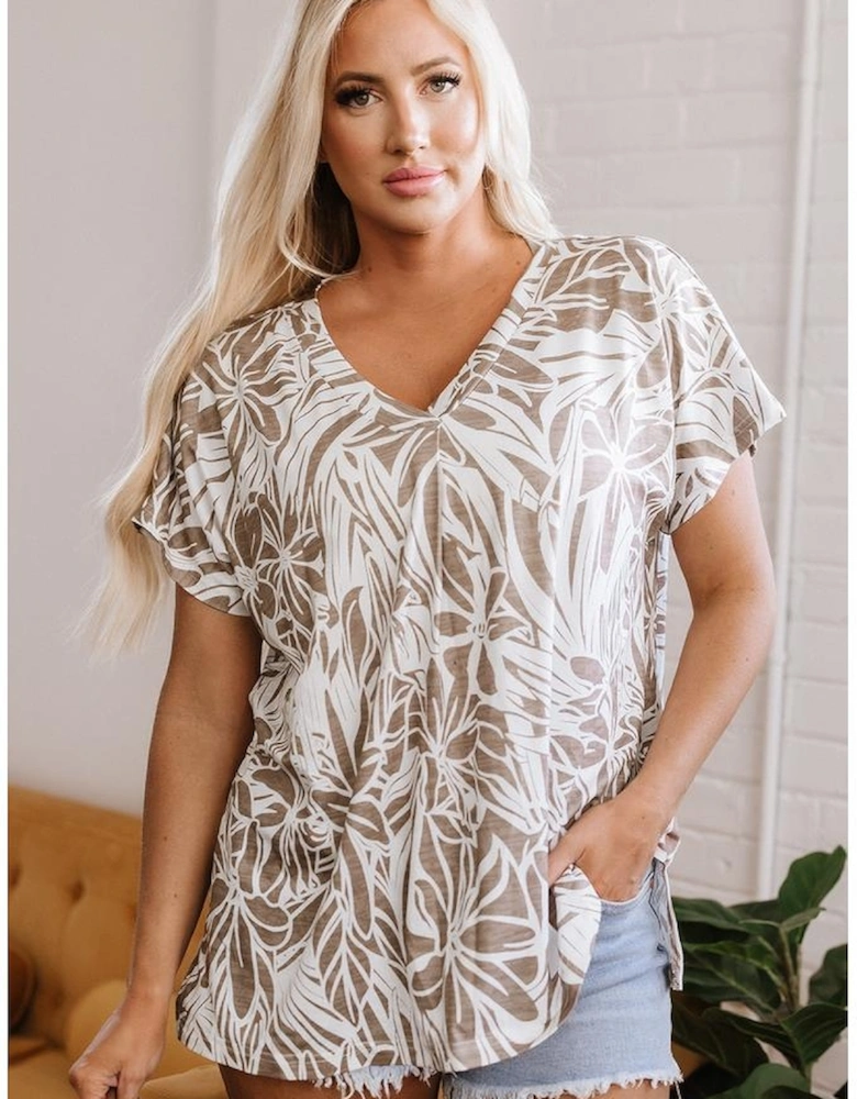 Khaki Floral Print V Neck Short Sleeve Loose Fit Blouse