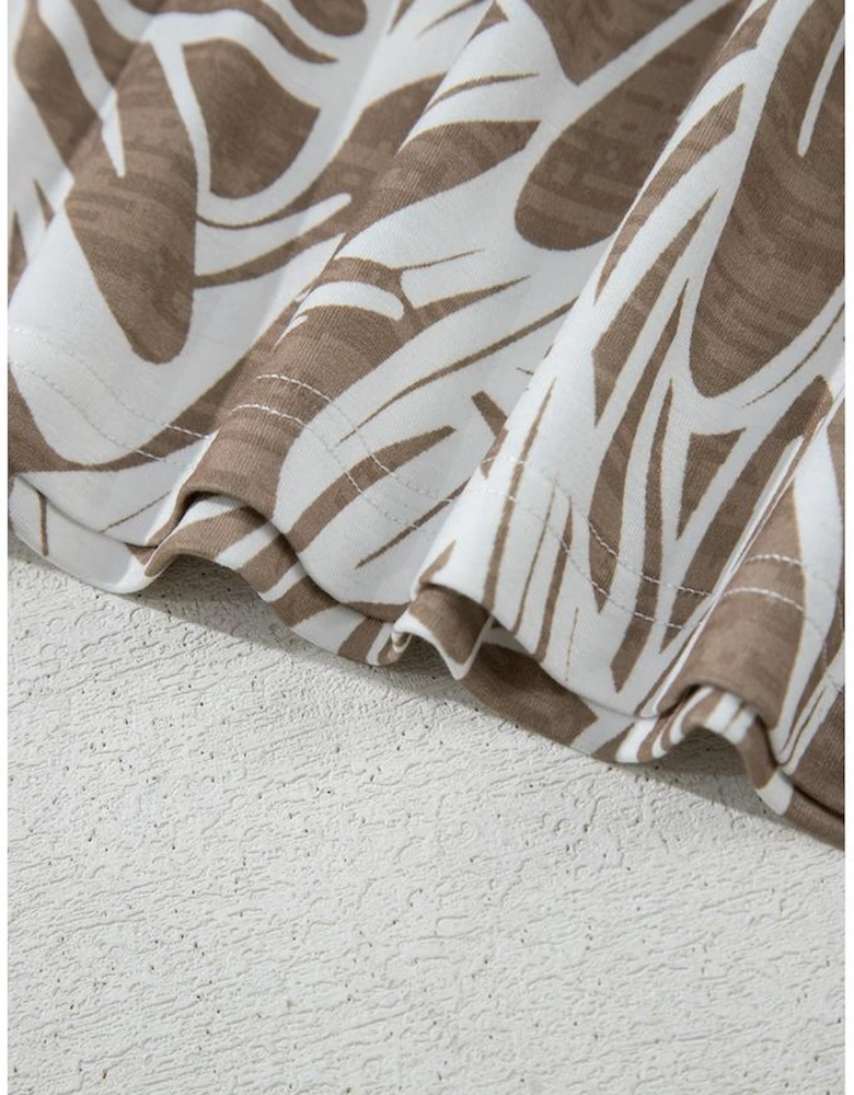 Khaki Floral Print V Neck Short Sleeve Loose Fit Blouse