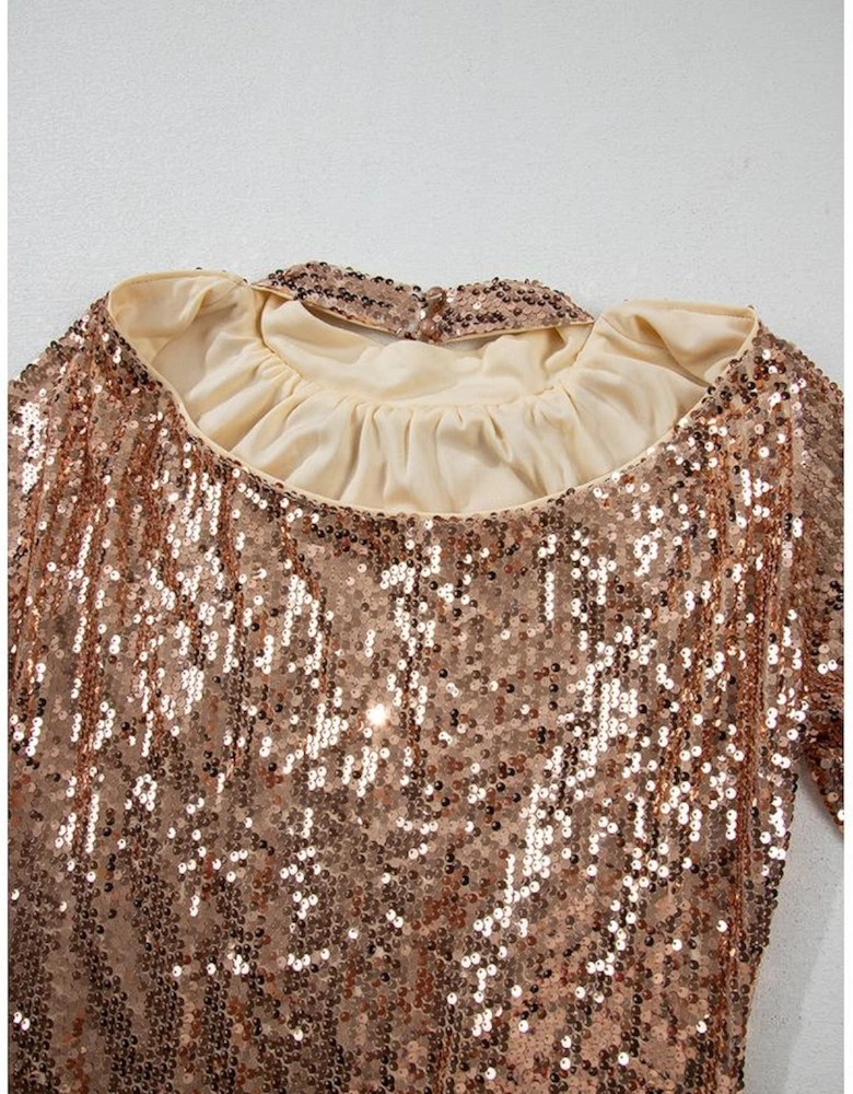 Gold Sequined Long Sleeve Cutout Back Mini Dress