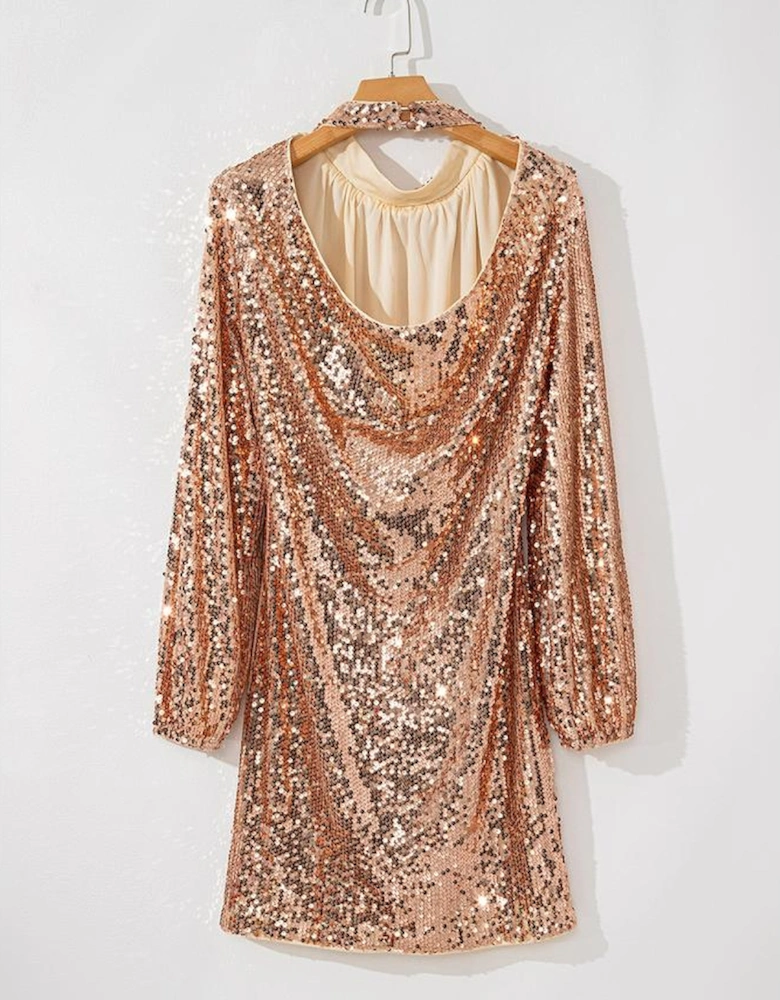 Gold Sequined Long Sleeve Cutout Back Mini Dress