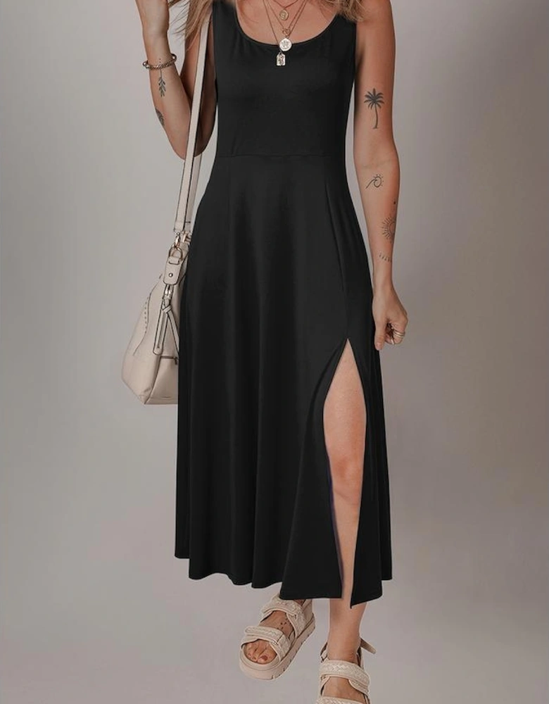 Black Sleeveless Scoop Neck Flared Split Midi Dress