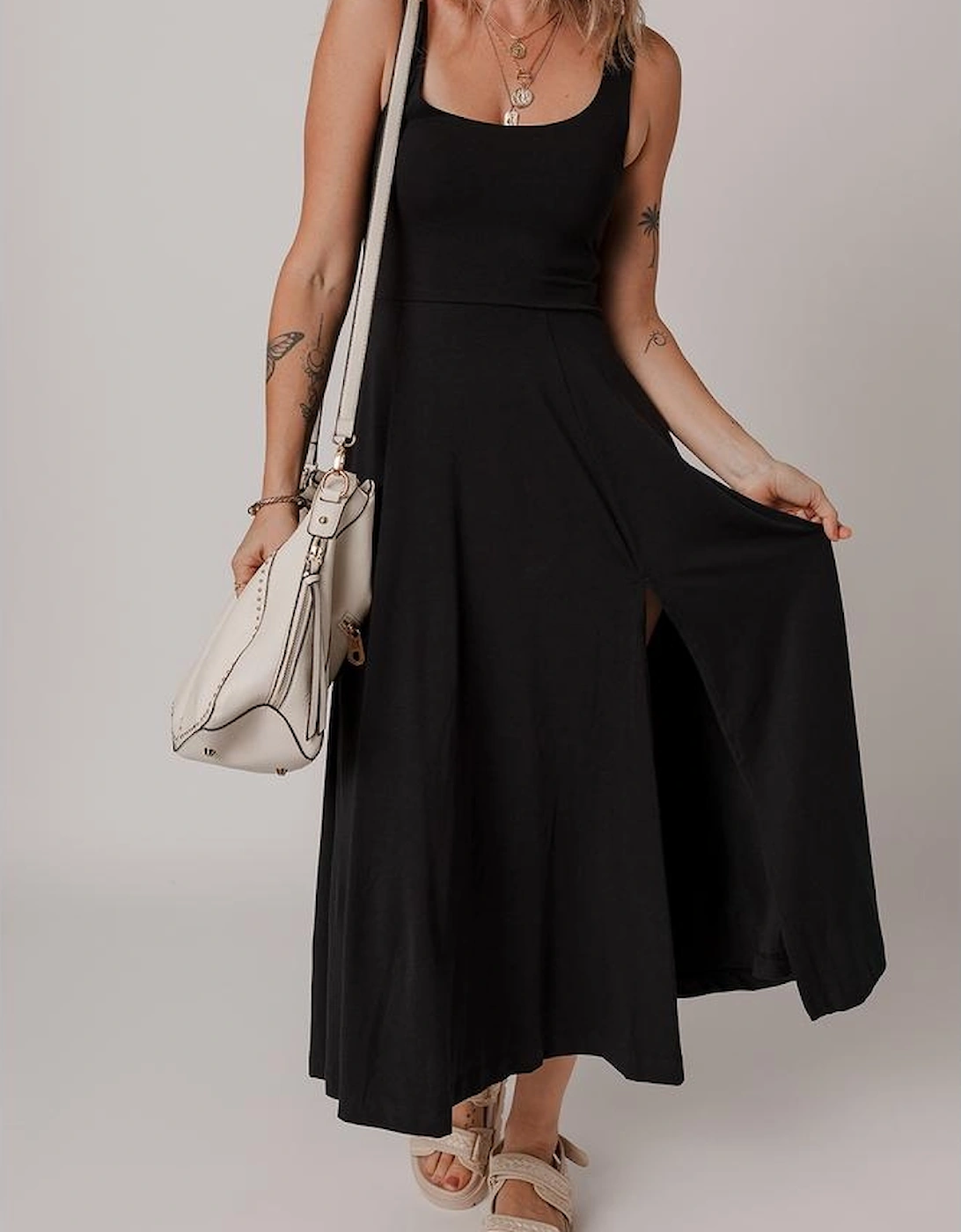 Black Sleeveless Scoop Neck Flared Split Midi Dress