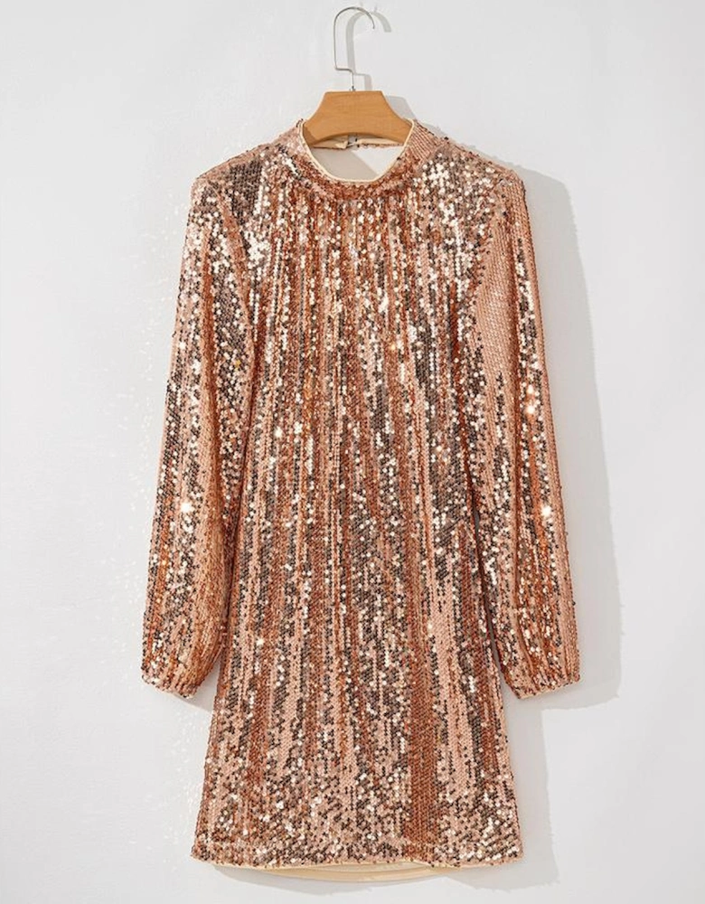 Gold Sequined Long Sleeve Cutout Back Mini Dress