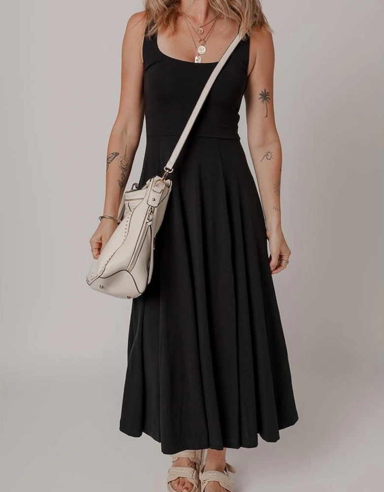Black Sleeveless Scoop Neck Flared Split Midi Dress