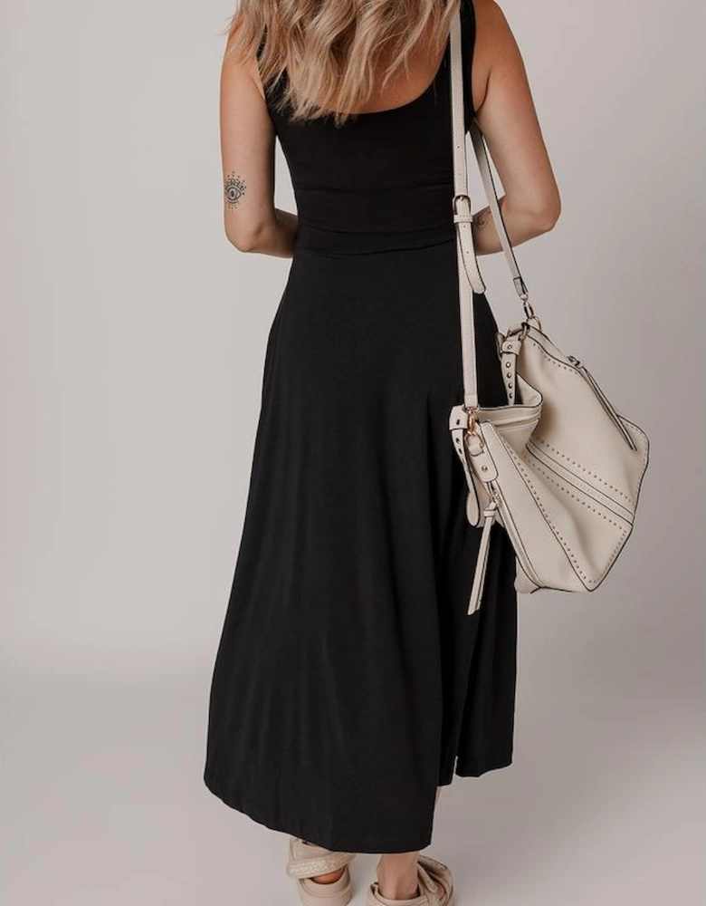 Black Sleeveless Scoop Neck Flared Split Midi Dress