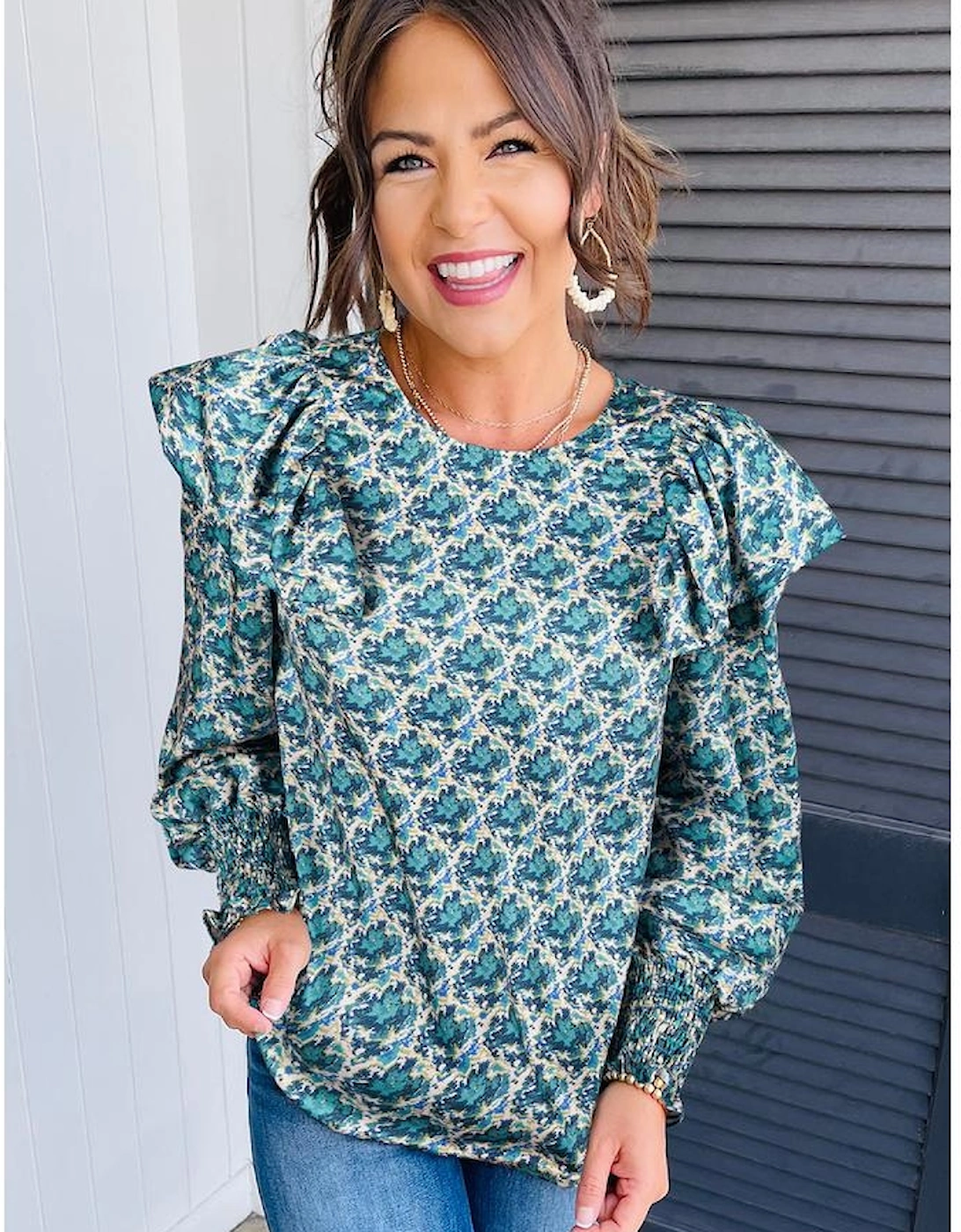 Green Abstract Print Shirred Cuff Puff Sleeve Blouse, 10 of 9