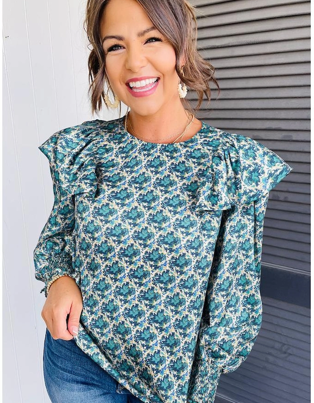 Green Abstract Print Shirred Cuff Puff Sleeve Blouse