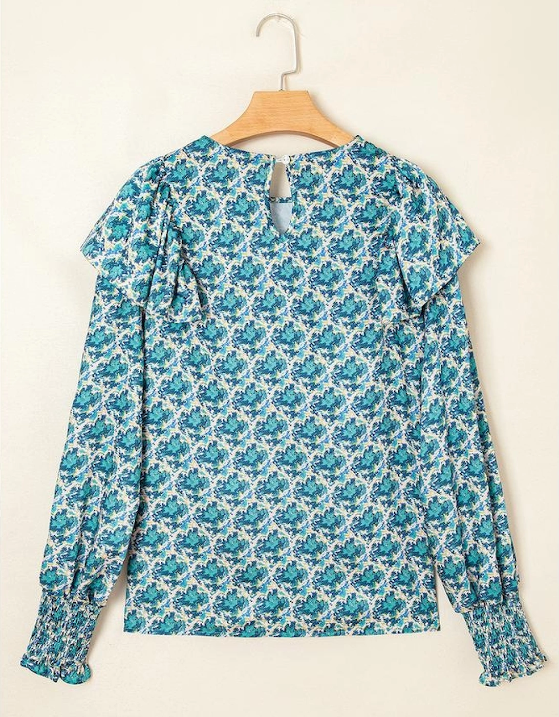 Green Abstract Print Shirred Cuff Puff Sleeve Blouse