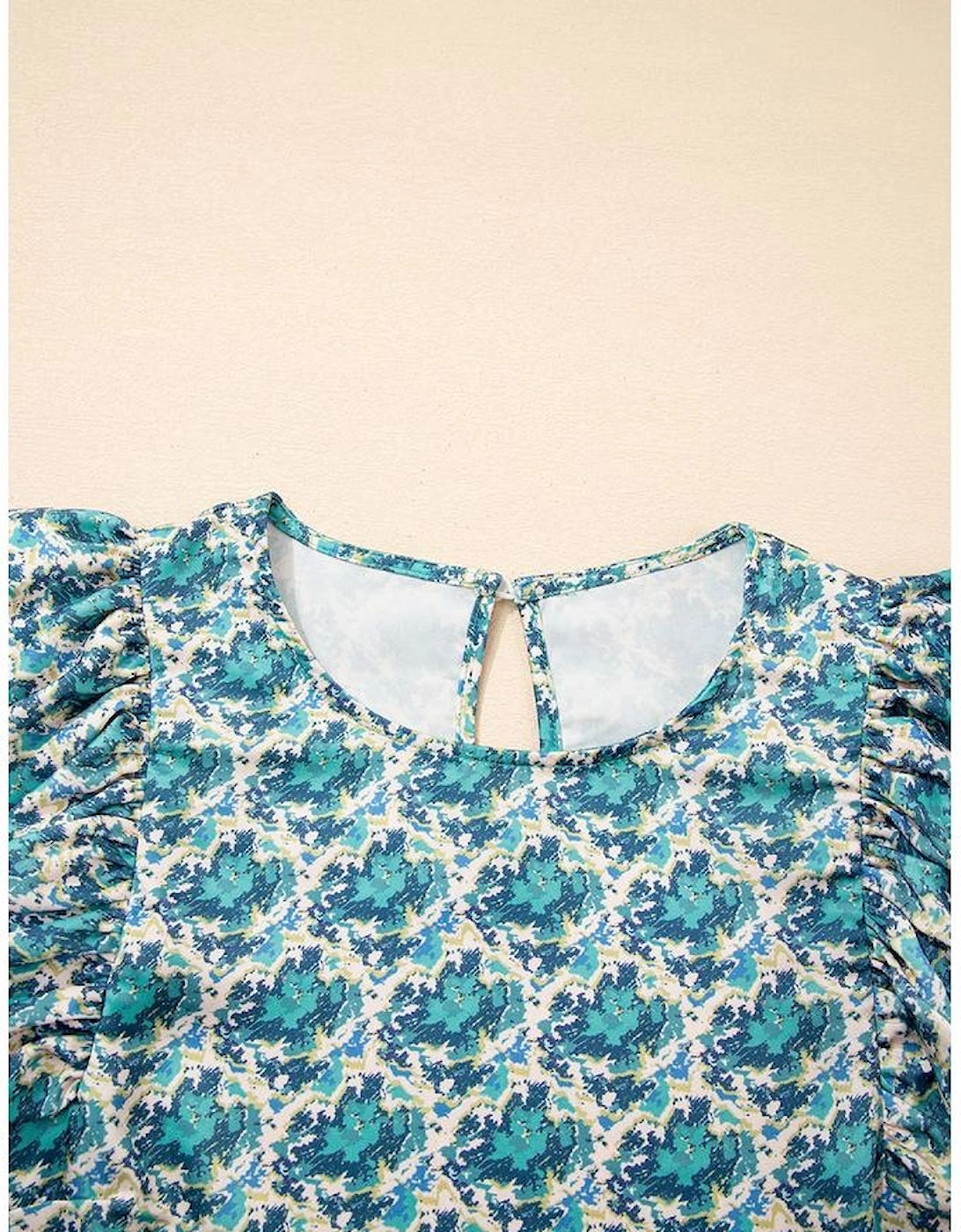 Green Abstract Print Shirred Cuff Puff Sleeve Blouse