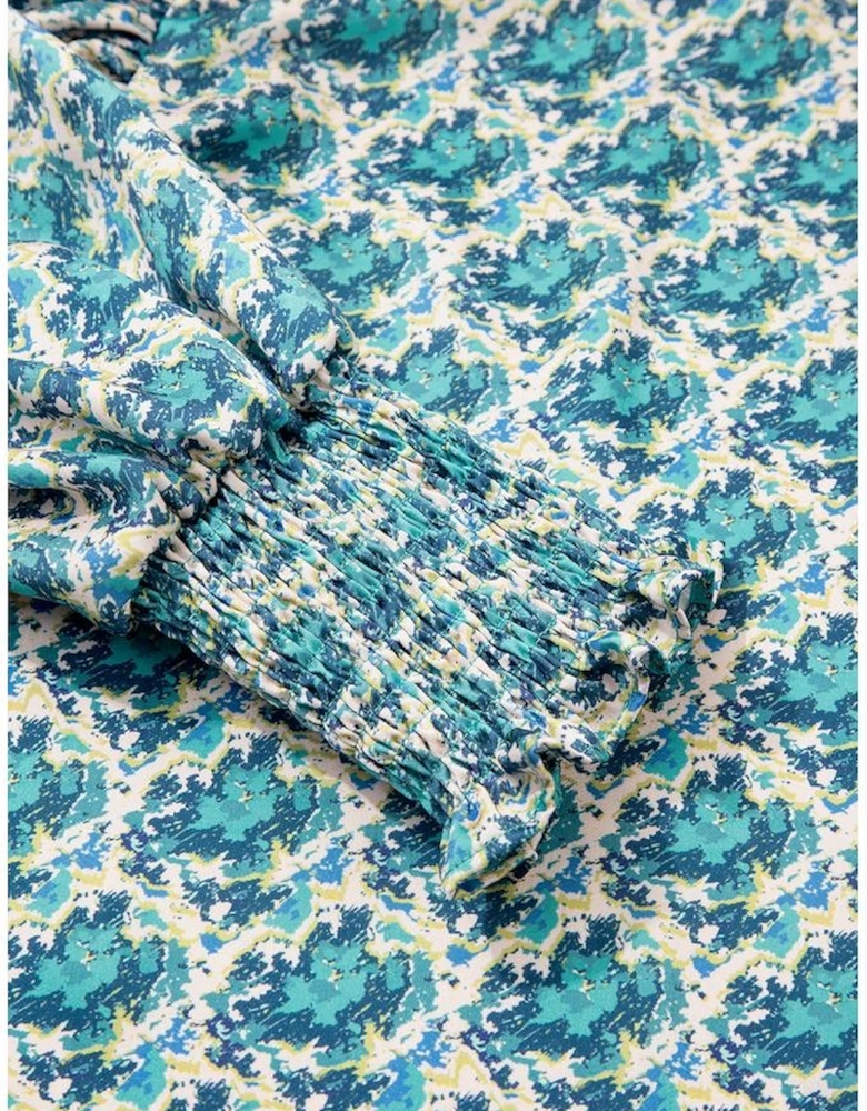 Green Abstract Print Shirred Cuff Puff Sleeve Blouse