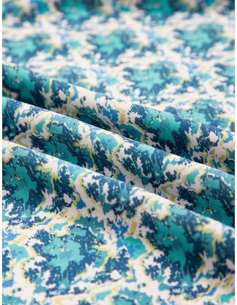 Green Abstract Print Shirred Cuff Puff Sleeve Blouse