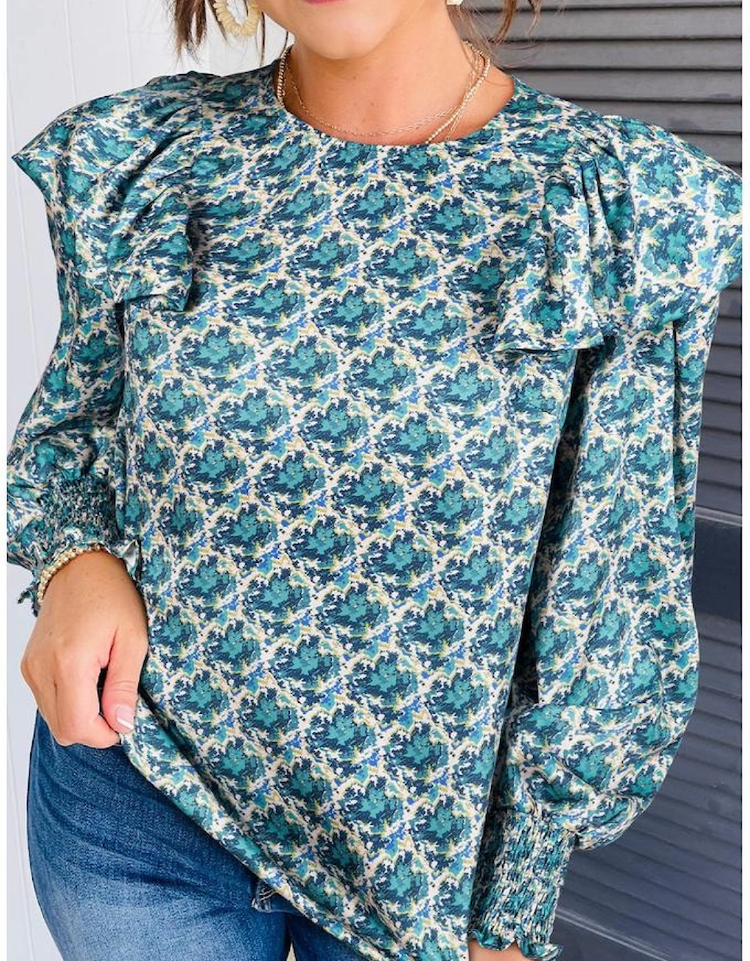 Green Abstract Print Shirred Cuff Puff Sleeve Blouse