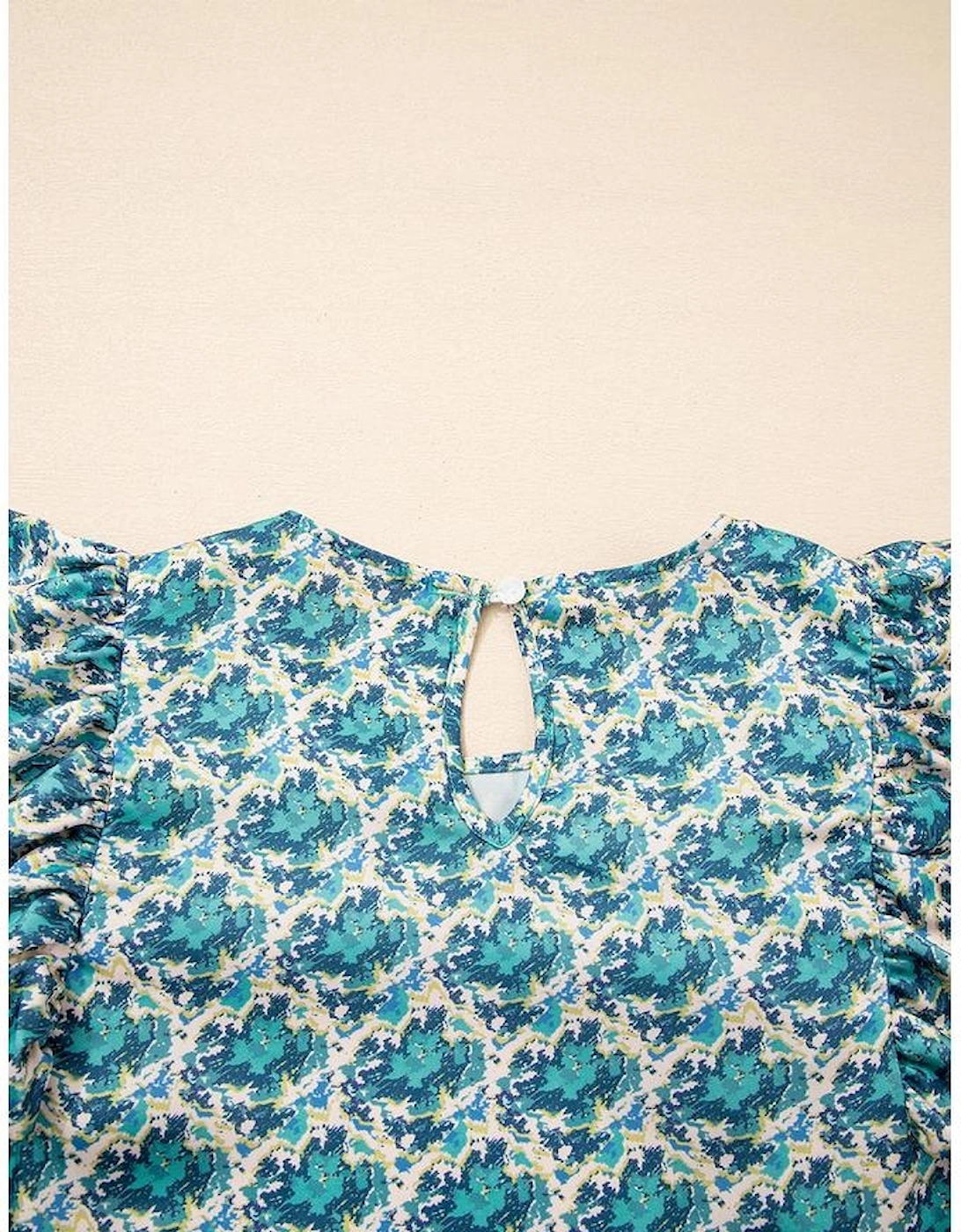 Green Abstract Print Shirred Cuff Puff Sleeve Blouse