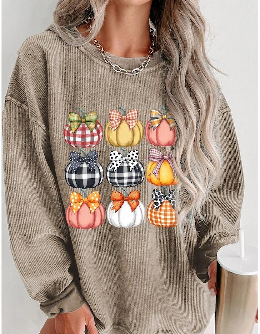 Khaki Trendy Textured Bow Pumpkin Graphic Baggy Sweatshirt