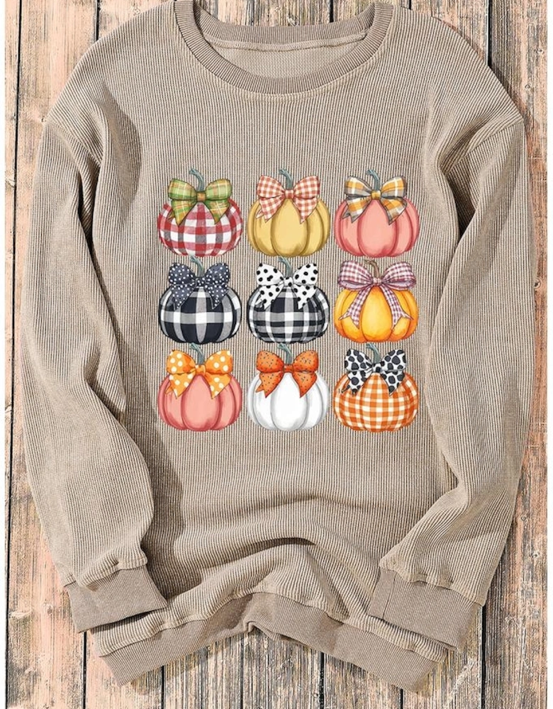 Khaki Trendy Textured Bow Pumpkin Graphic Baggy Sweatshirt