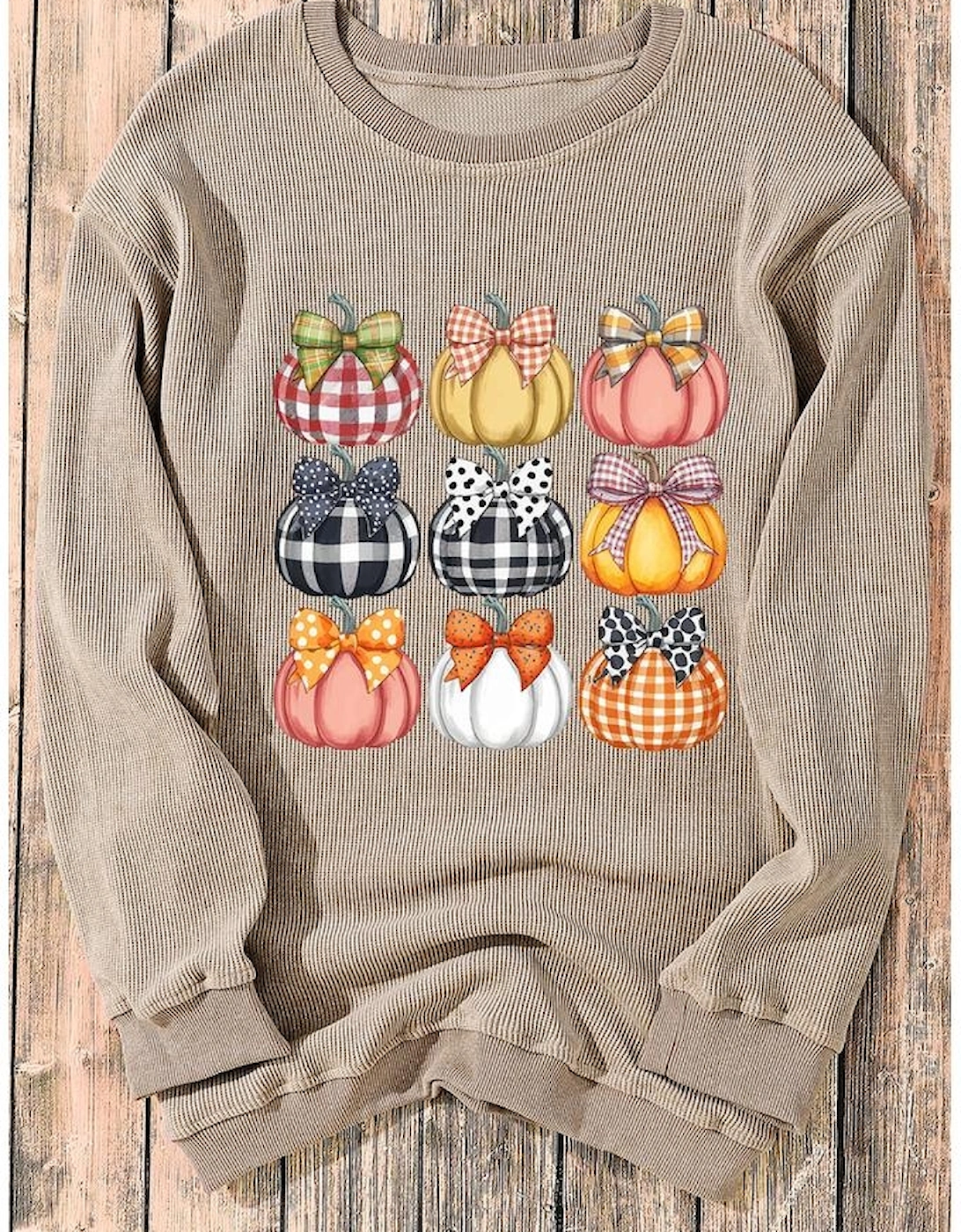 Khaki Trendy Textured Bow Pumpkin Graphic Baggy Sweatshirt, 5 of 4