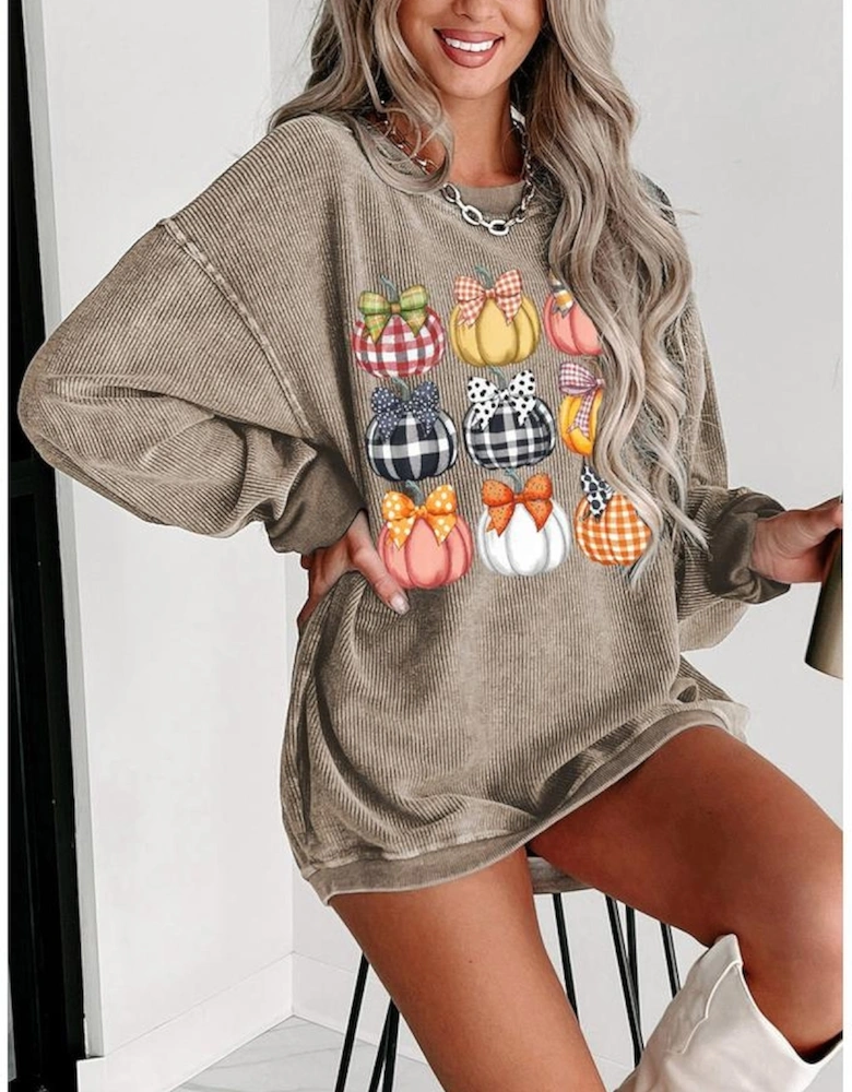 Khaki Trendy Textured Bow Pumpkin Graphic Baggy Sweatshirt