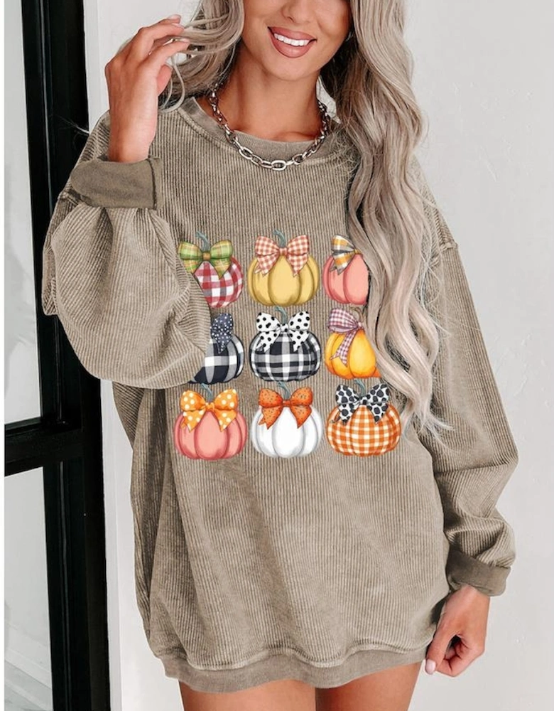 Khaki Trendy Textured Bow Pumpkin Graphic Baggy Sweatshirt