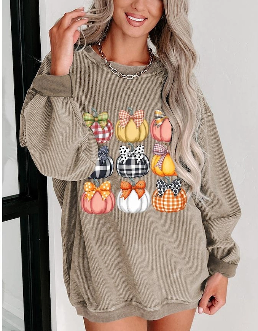 Khaki Trendy Textured Bow Pumpkin Graphic Baggy Sweatshirt