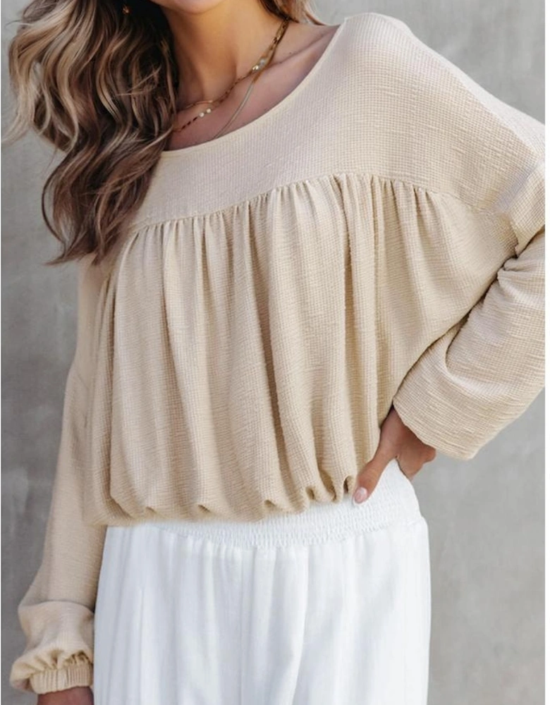 Jet Stream Textured Pleated Drop Shoulder Long Sleeve Knit Top