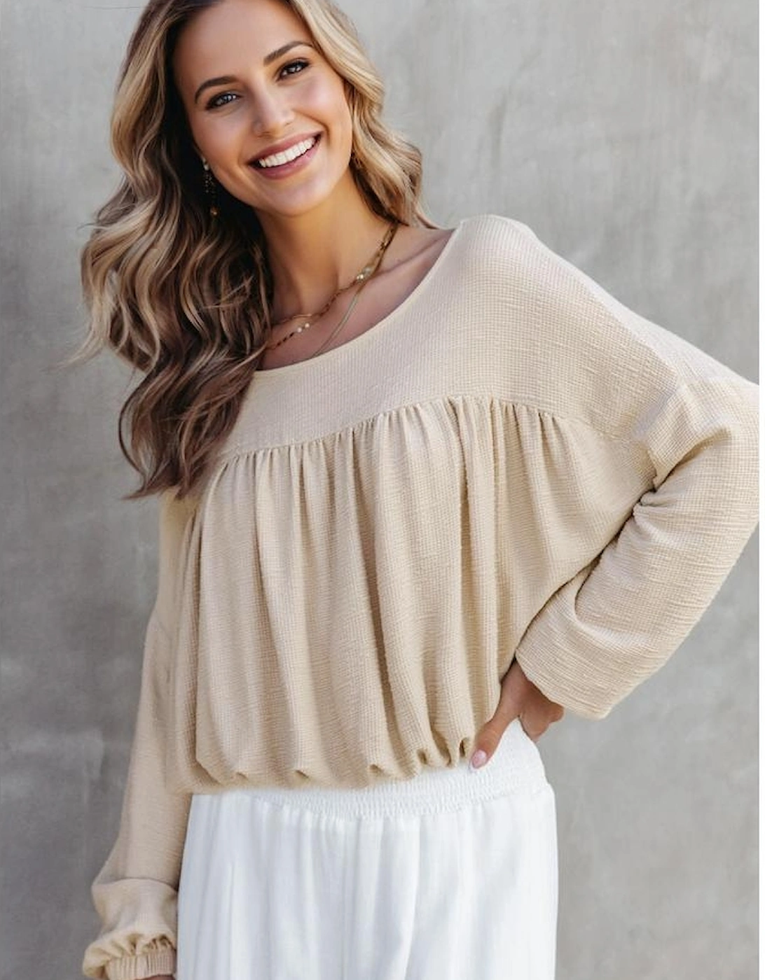 Jet Stream Textured Pleated Drop Shoulder Long Sleeve Knit Top