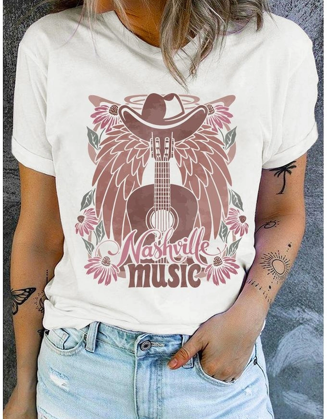White Nashville Music Cowboy Hat Guitar Graphic Tee