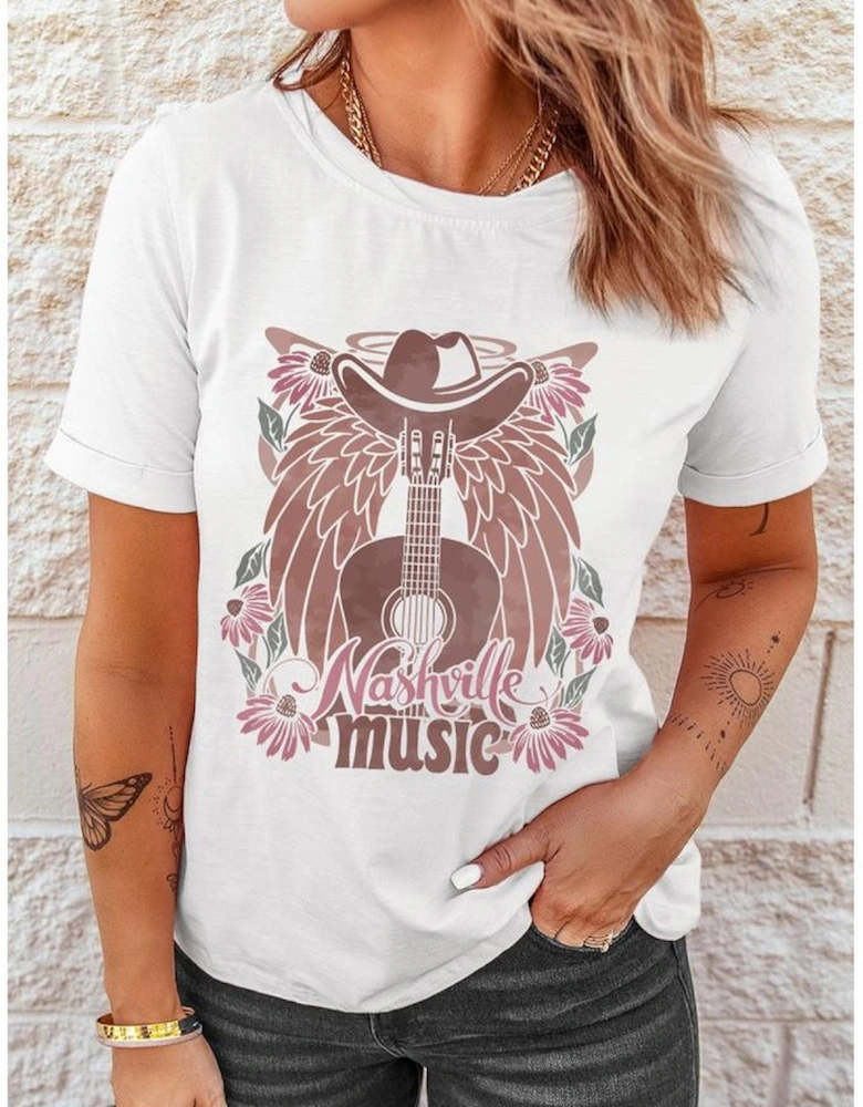 White Nashville Music Cowboy Hat Guitar Graphic Tee