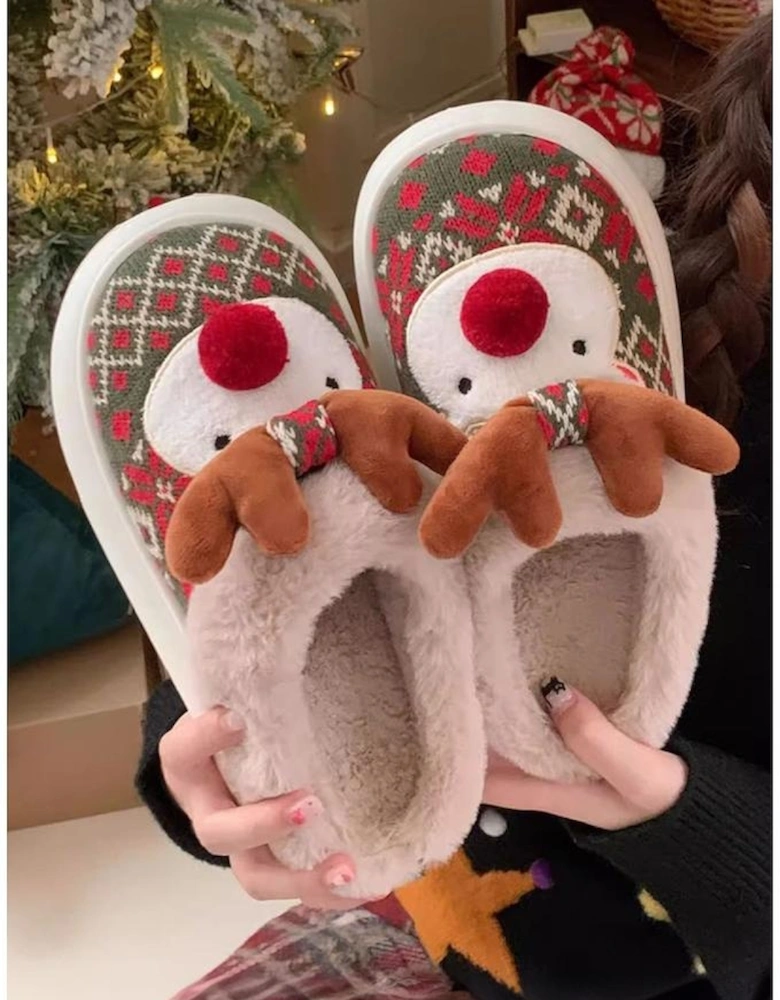 Azura Exchange Dark Green Christmas Cartoon Reindeer Plush Home Slippers