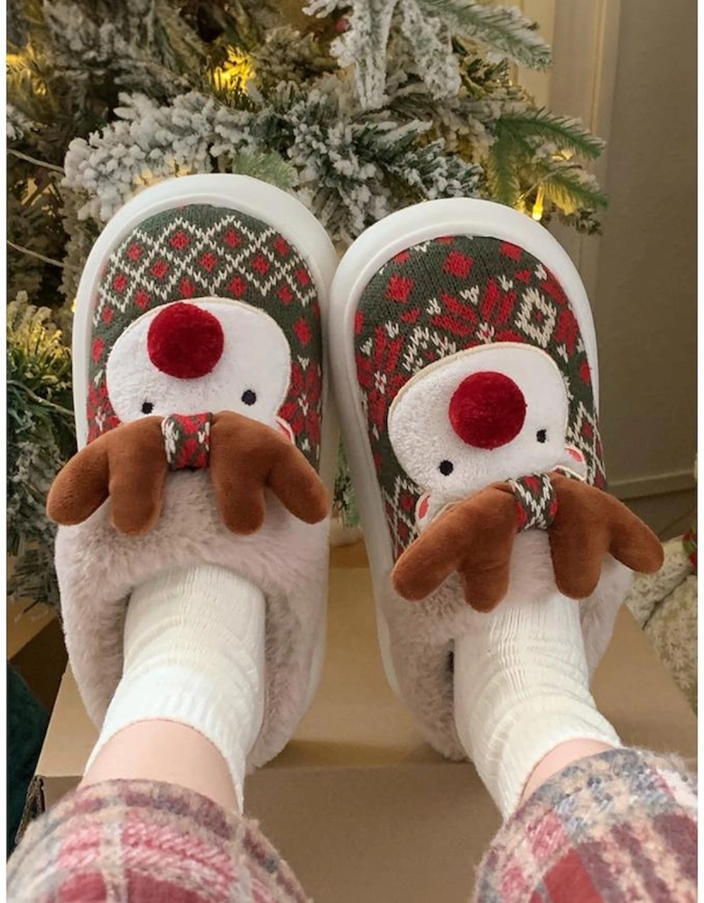 Azura Exchange Dark Green Christmas Cartoon Reindeer Plush Home Slippers