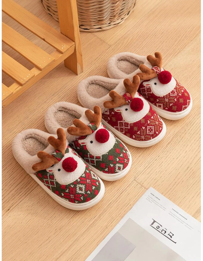 Azura Exchange Dark Green Christmas Cartoon Reindeer Plush Home Slippers