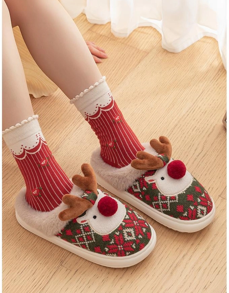 Azura Exchange Dark Green Christmas Cartoon Reindeer Plush Home Slippers
