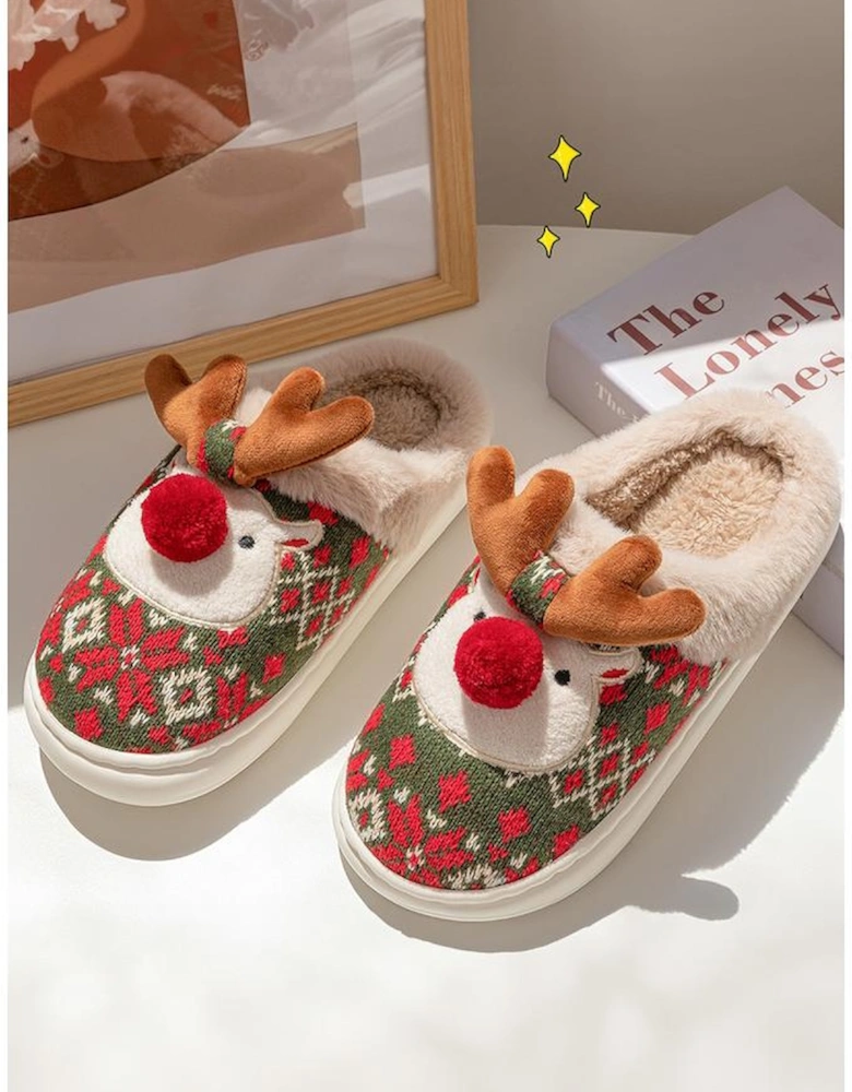Azura Exchange Dark Green Christmas Cartoon Reindeer Plush Home Slippers