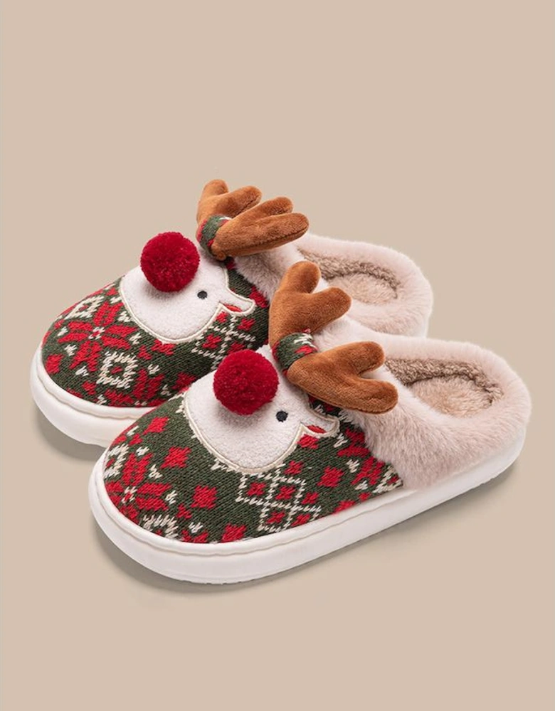 Azura Exchange Dark Green Christmas Cartoon Reindeer Plush Home Slippers