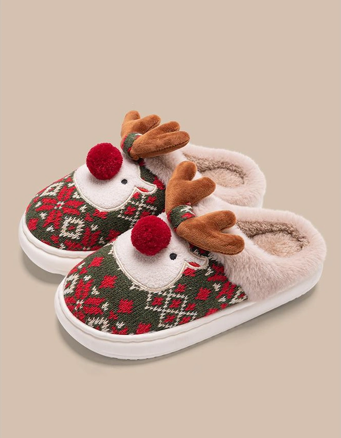 Azura Exchange Dark Green Christmas Cartoon Reindeer Plush Home Slippers