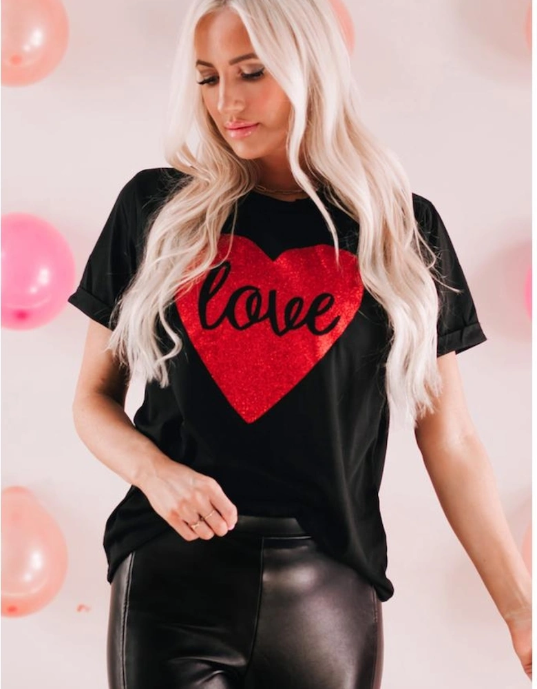 Black Love Heart Shaped Glitter Print T Shirt