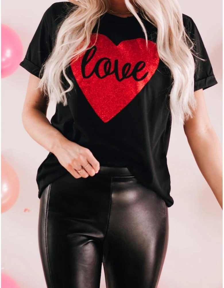 Black Love Heart Shaped Glitter Print T Shirt